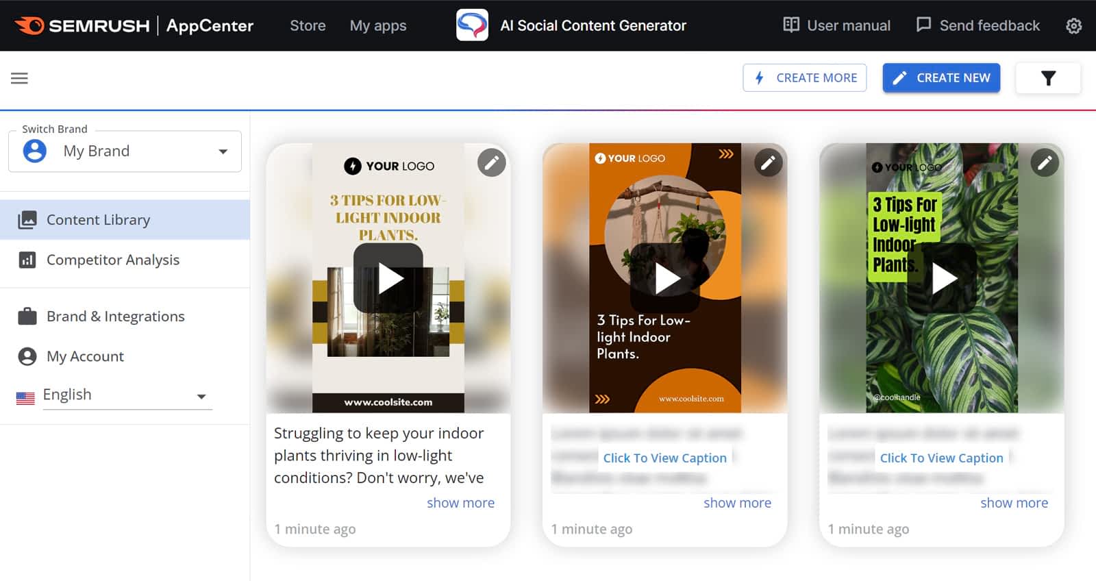 Semrush AI Social Content Generator app Content Library showing three AI generated posts.