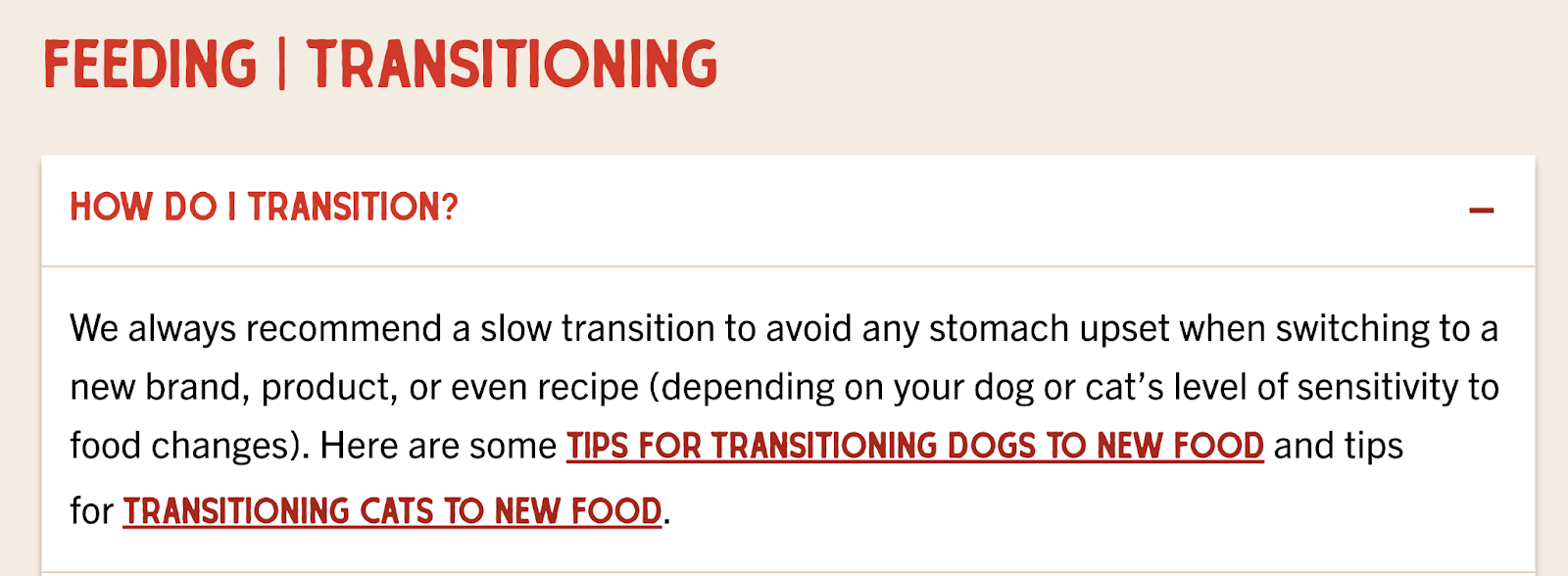 Brand links to tips pages to walk animal owners through transitioning pet friends to new food