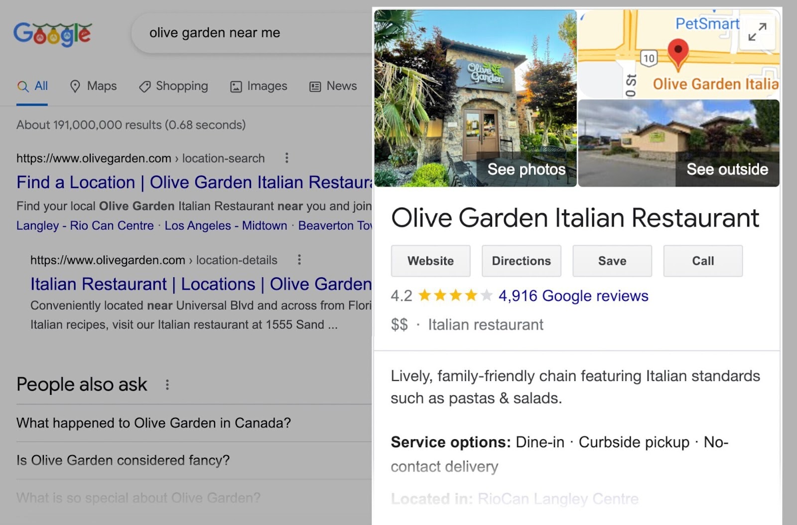 Google Business Profile of the "Olive Garden" restaurant highlighted in Google SERP