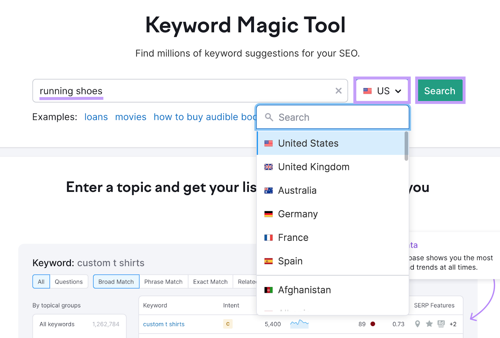 "running shoes" entered into the Keyword Magic Tool hunt  bar