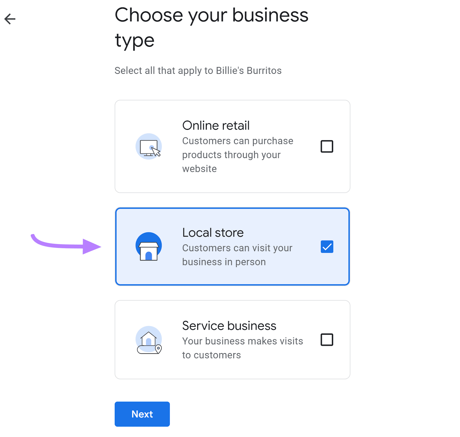 "Local store" option selected under "Choose your business type" window in Google Maps