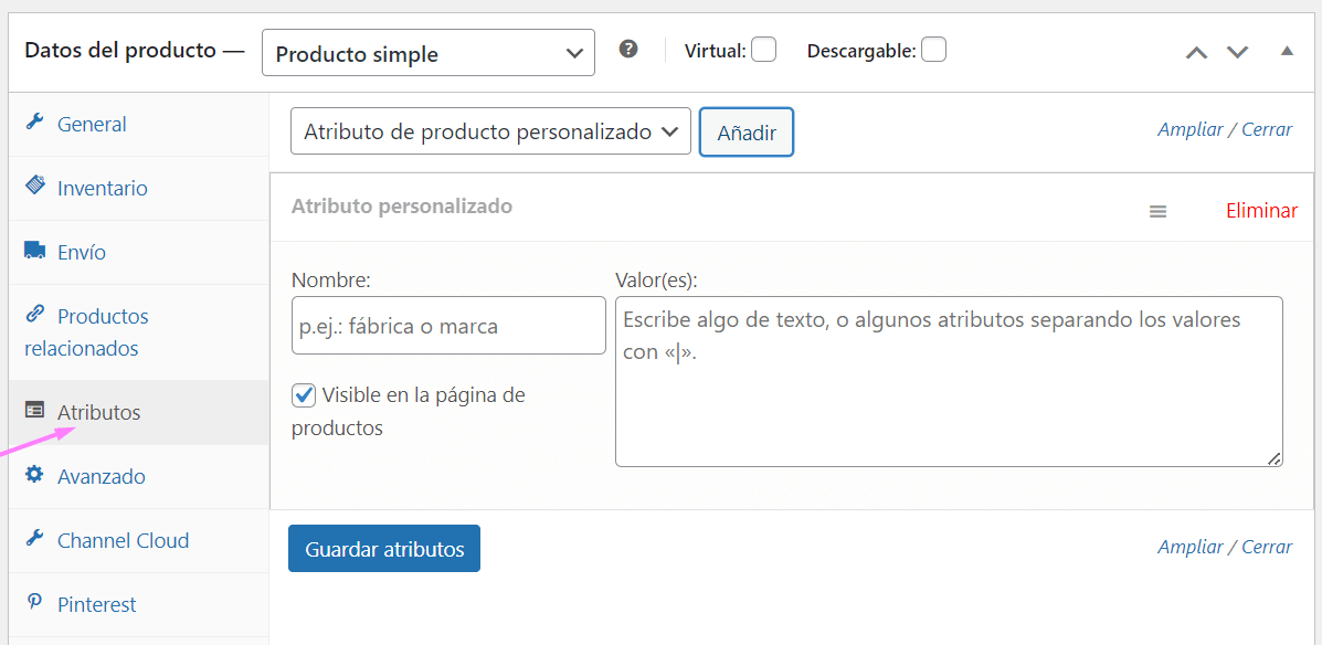 Atributos de productos en Wordpress eCommerce
