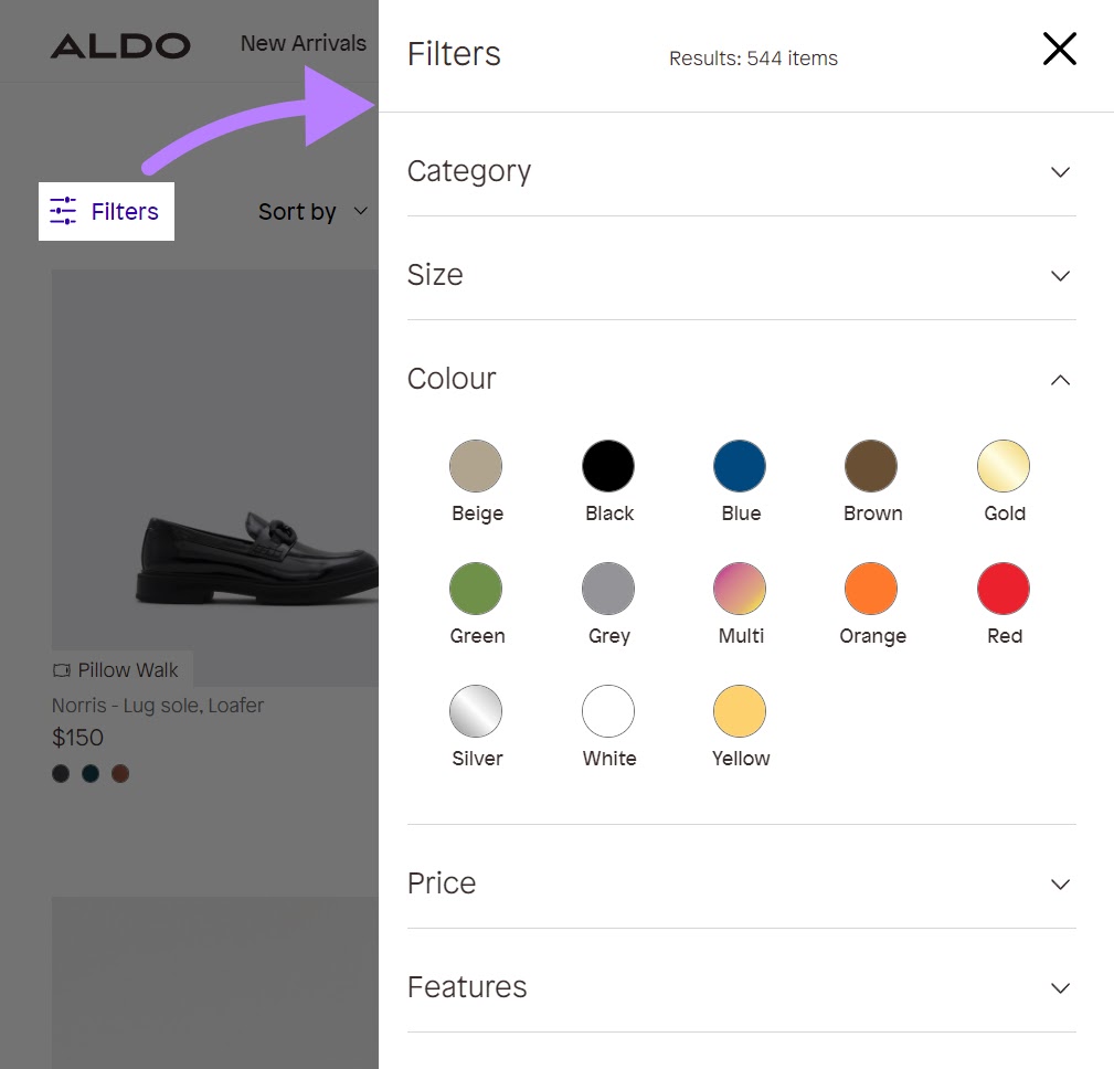 Aldo's faceted navigation showing "Filters"