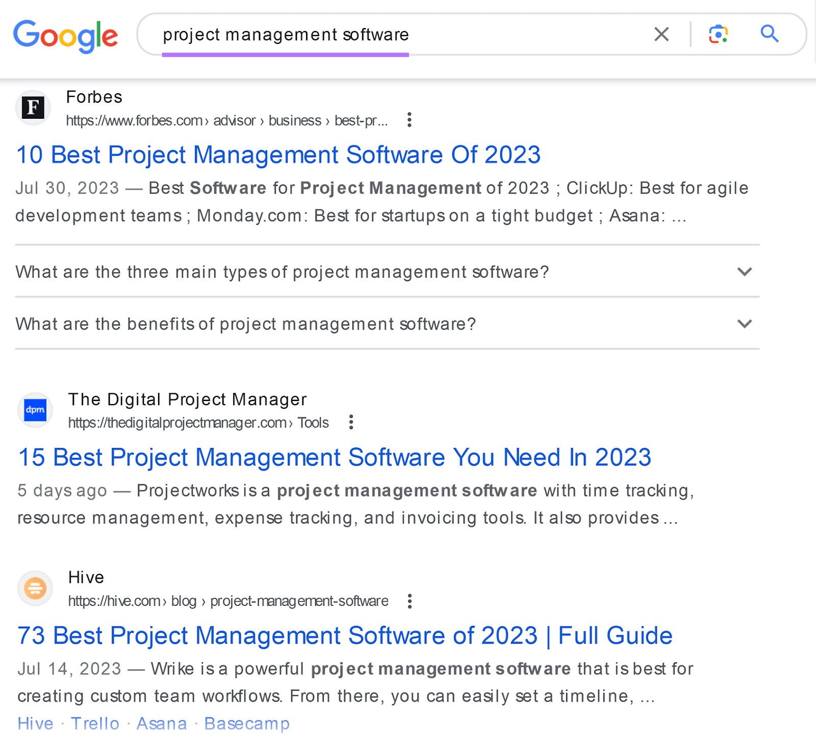 Google SERP for “project management software”