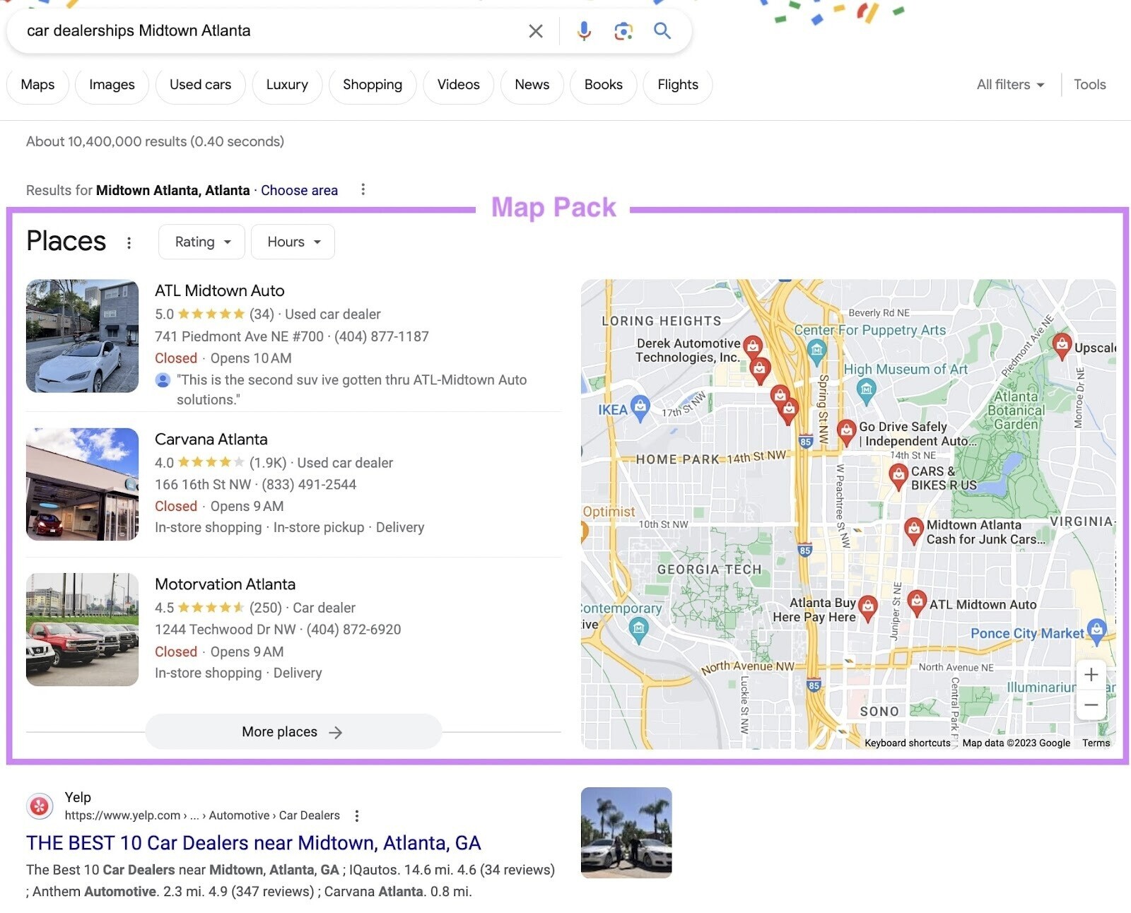 “Map Pack” on Google SERP for "car dealerships Midtown Atlanta" query