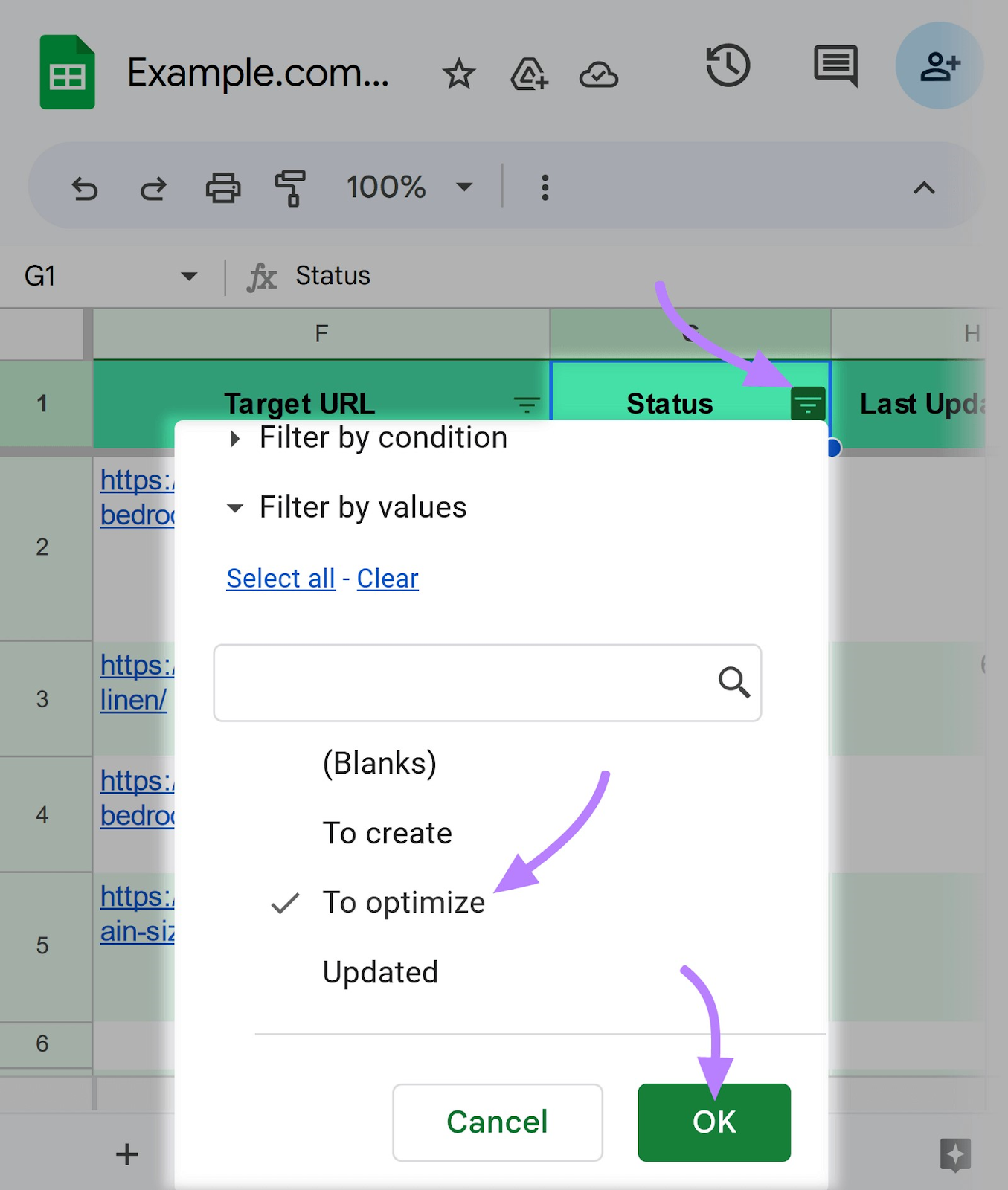 using filters in the “Status” column