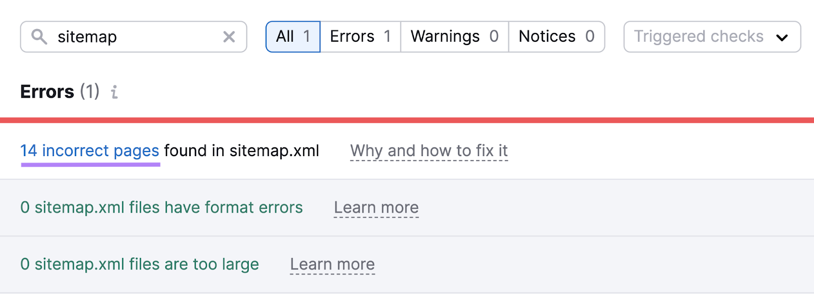 number of incorrect pages recovered  successful  sitemap.xml highlighted