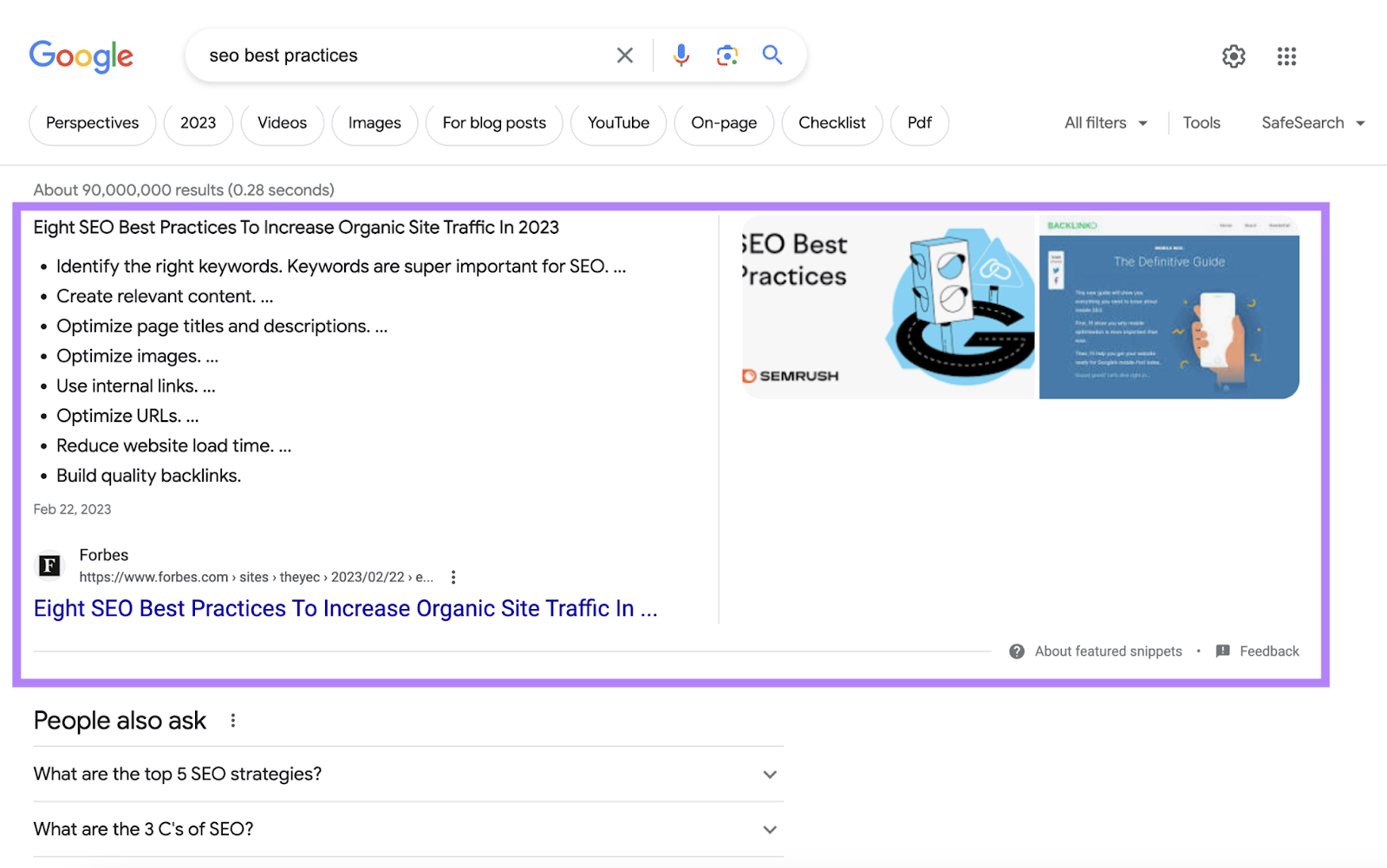 Forbes's featured snippet connected  Google for "best seo practices" query