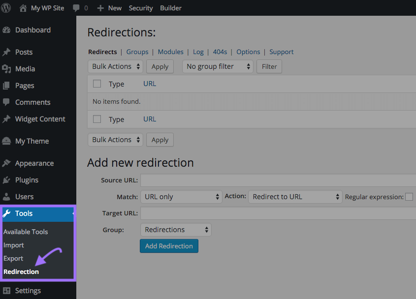 Navigating to "Redirection" plugin in WordPress