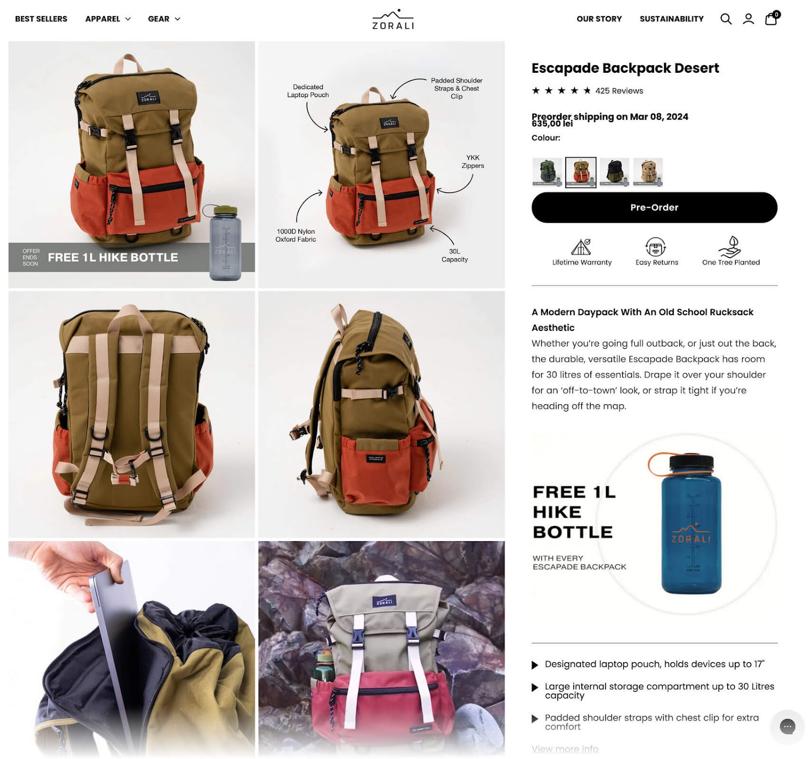 Zorali's product page for best-selling backpack