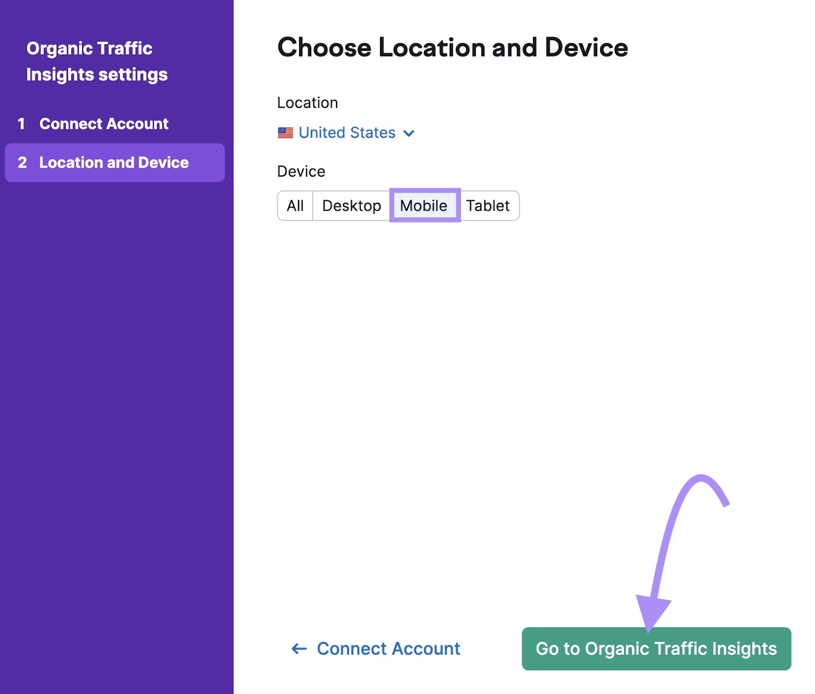 "Choose Location and Device" window in Organic Traffic Insights settings