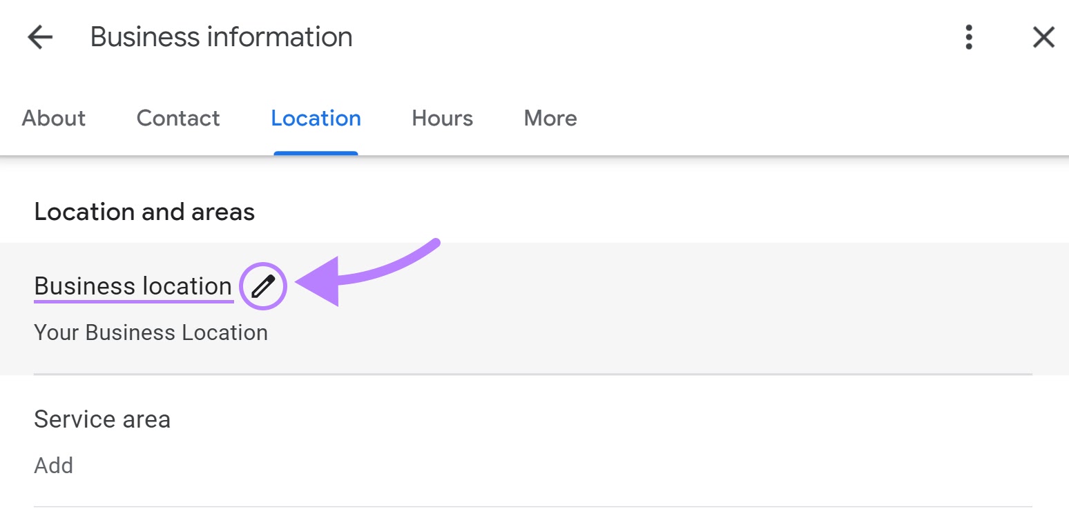 Pencil icon highlighted next to "Business location” section