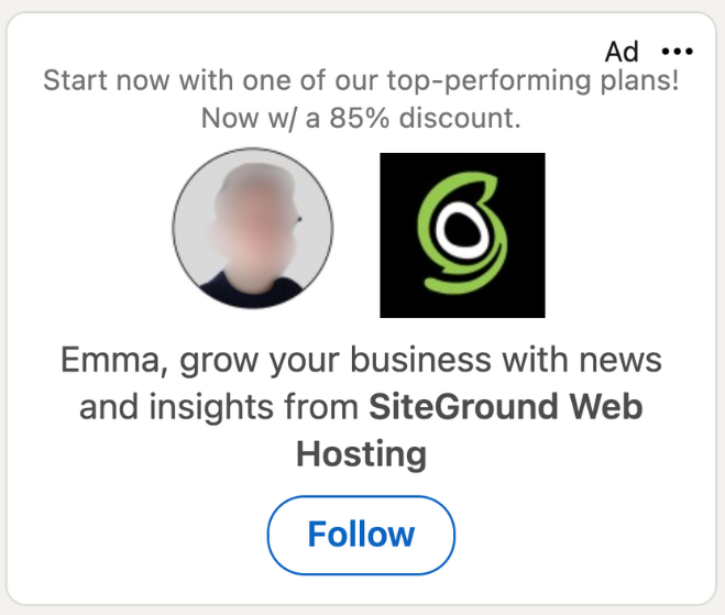 LinkedIn follower ad for SiteGround with a follow button