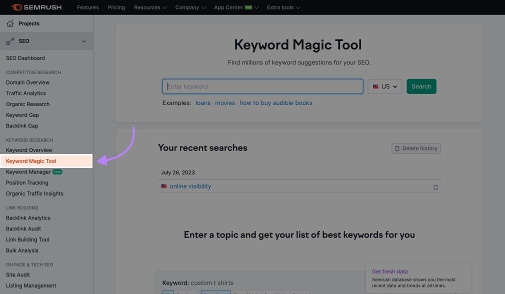 “Keyword Magic Tool” highlighted in Semrush platform menu