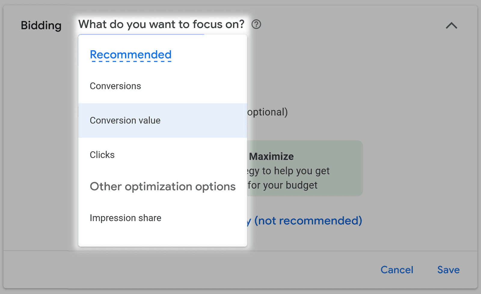 "Conversion value" selected under desired strategy drop-down