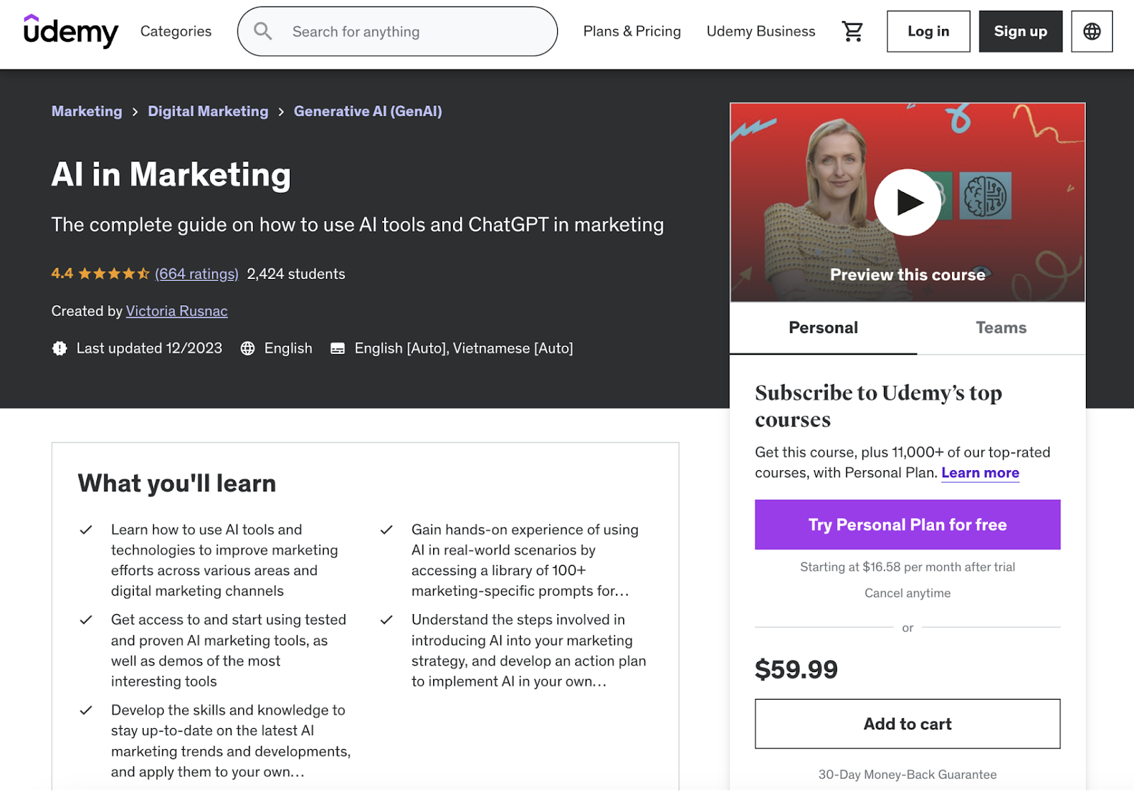 Udemy's AI in Marketing course page