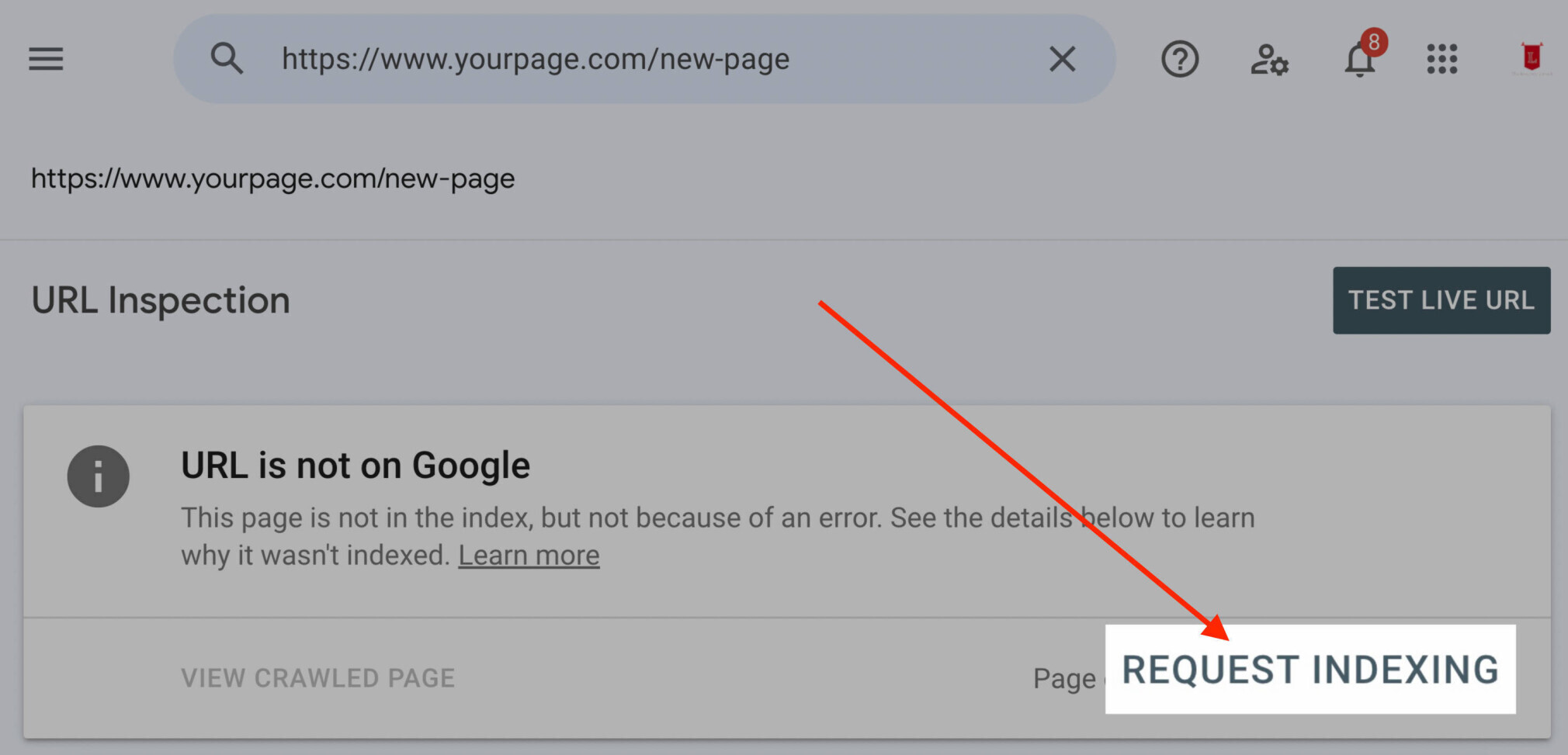 Bouton "Demander l'indexation" mis en évidence dans Google Search Console