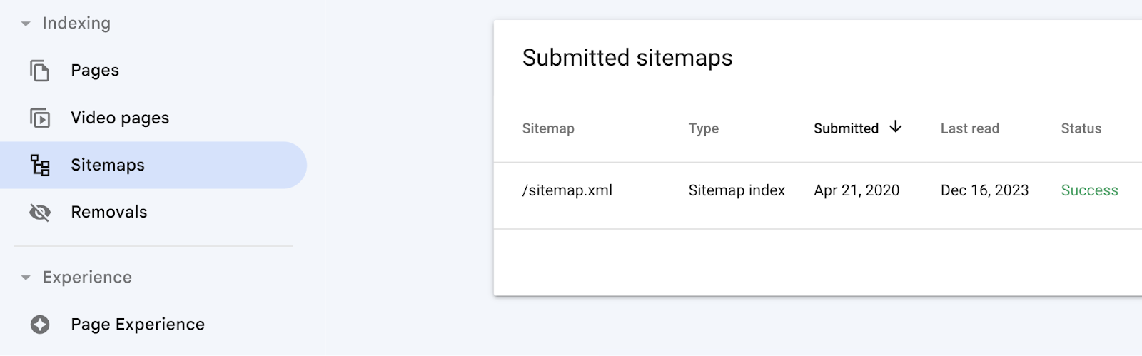 “Sitemaps” section in GSC