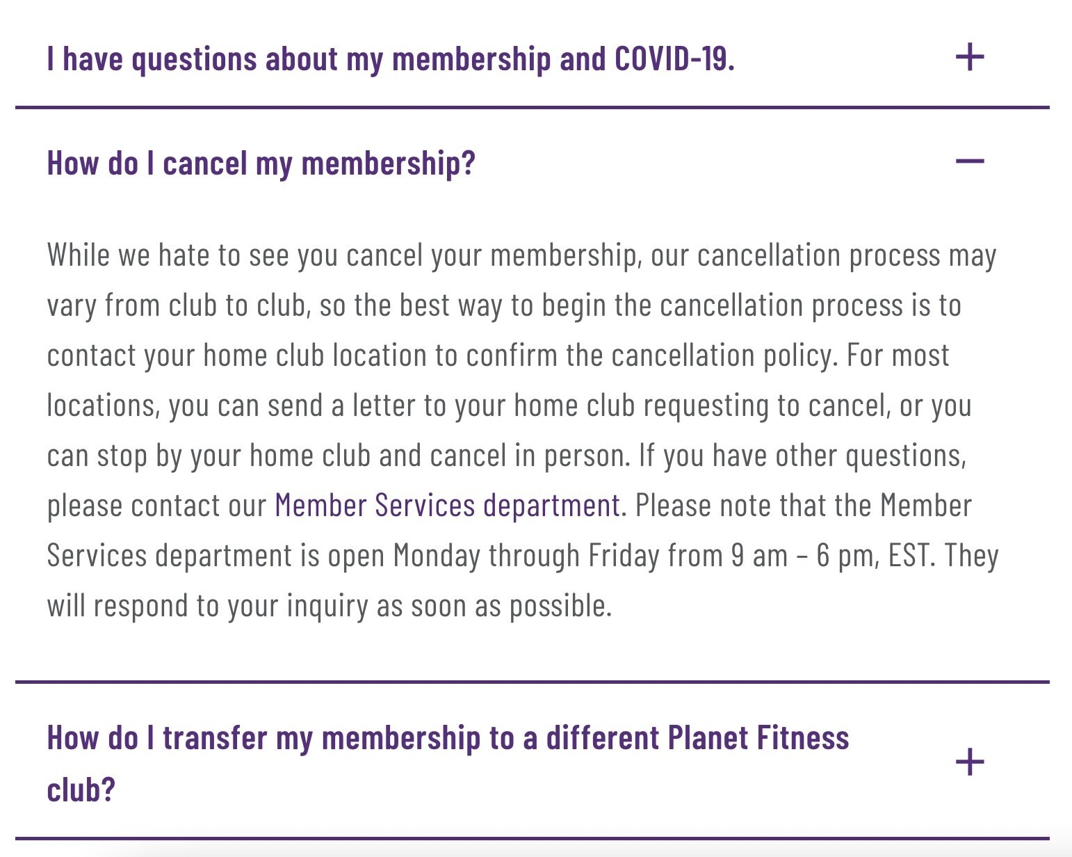 Planet Fitness faq dropdown