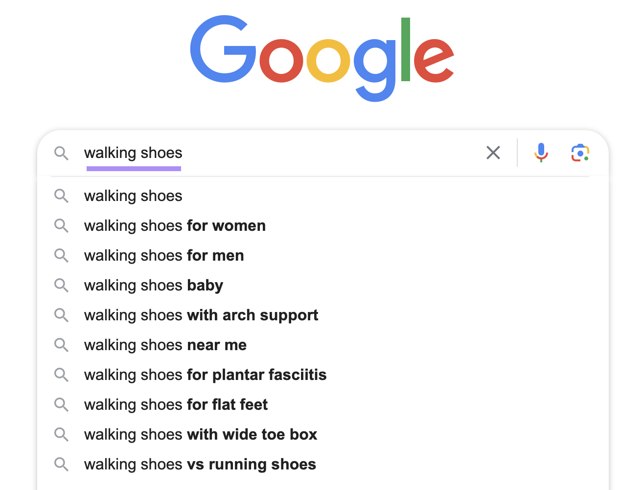 Google autocomplete suggestions when typing “walking shoes” into the search