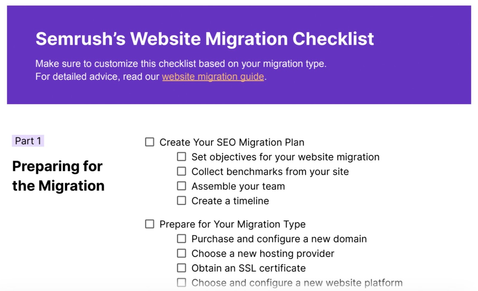 Semrush's website migration checklist preview