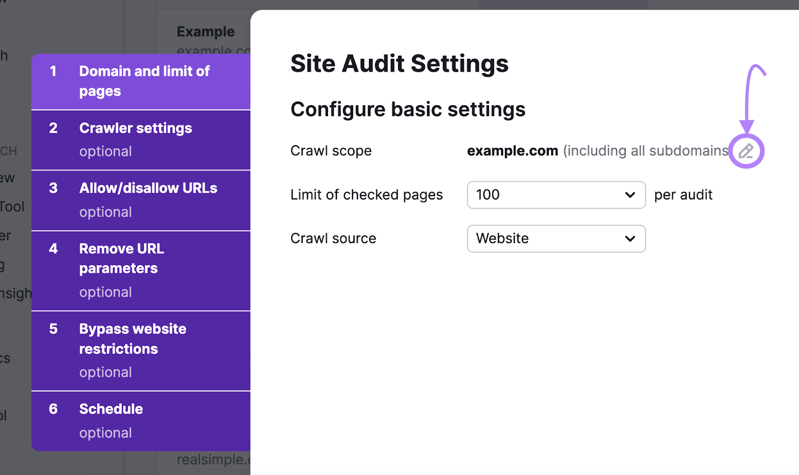 “1. Domain and limit of pages” tab in Site Audit Settings