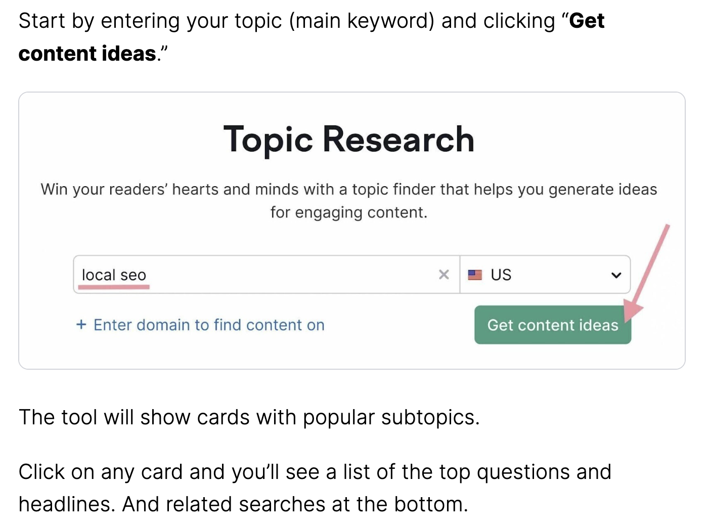 A section with more descriptions and images with workflow for "Topic Research" tool