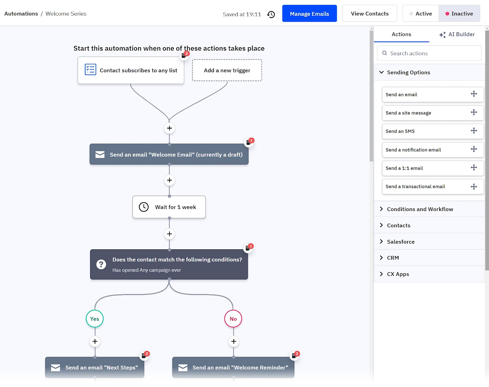 A basic email sequence in ActiveCampaign