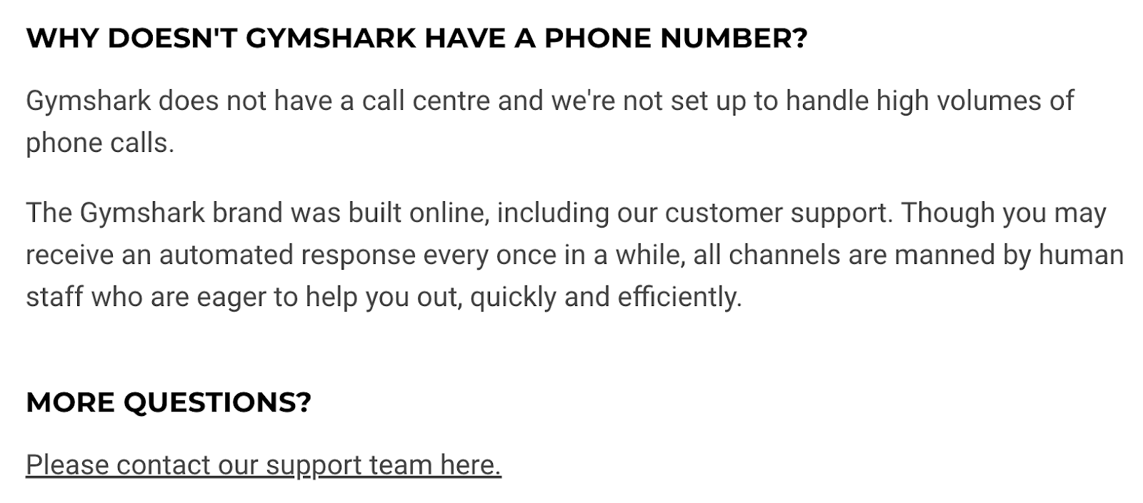 Gymshark contact team support section of the site