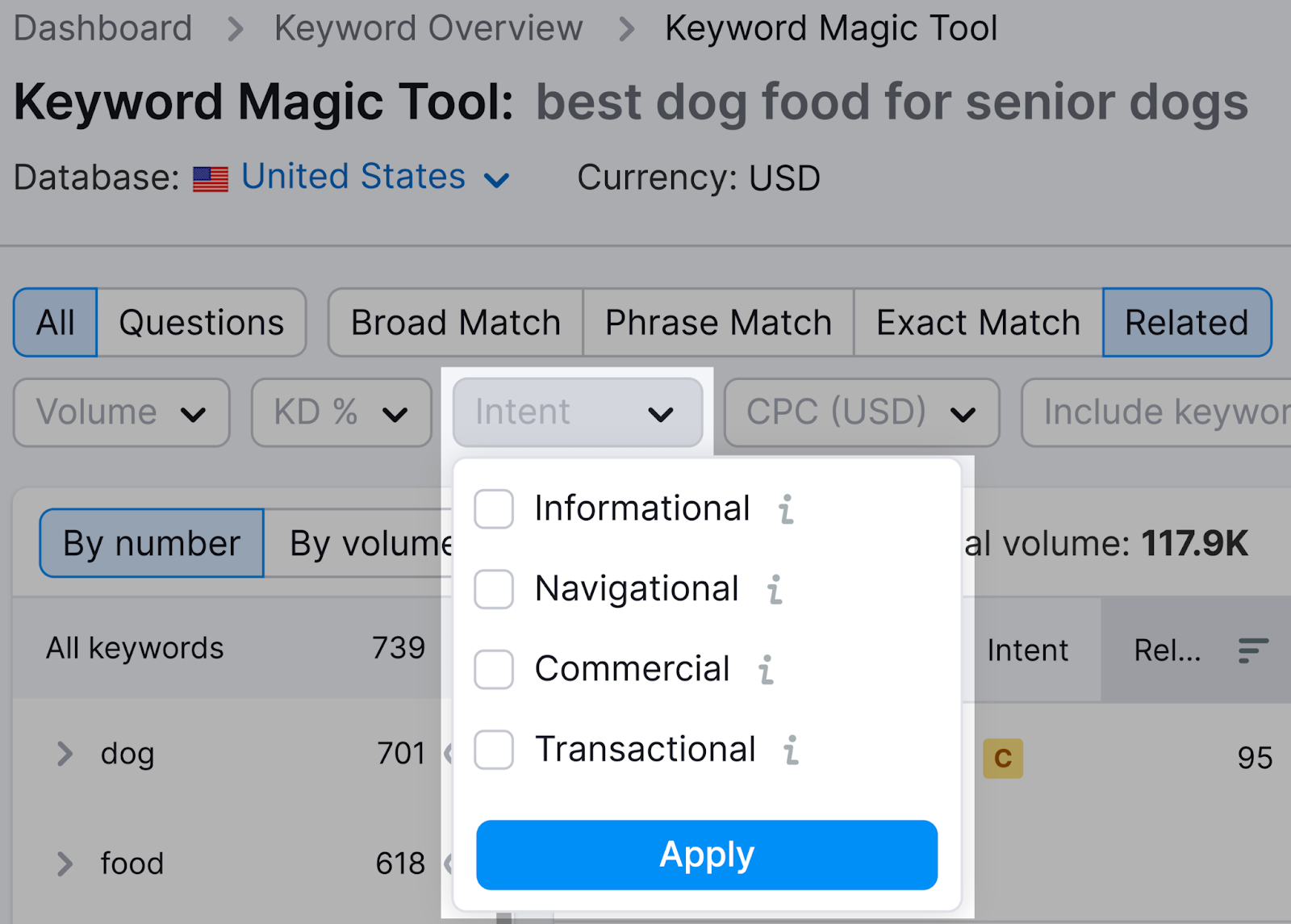 keyword magic tool search intent