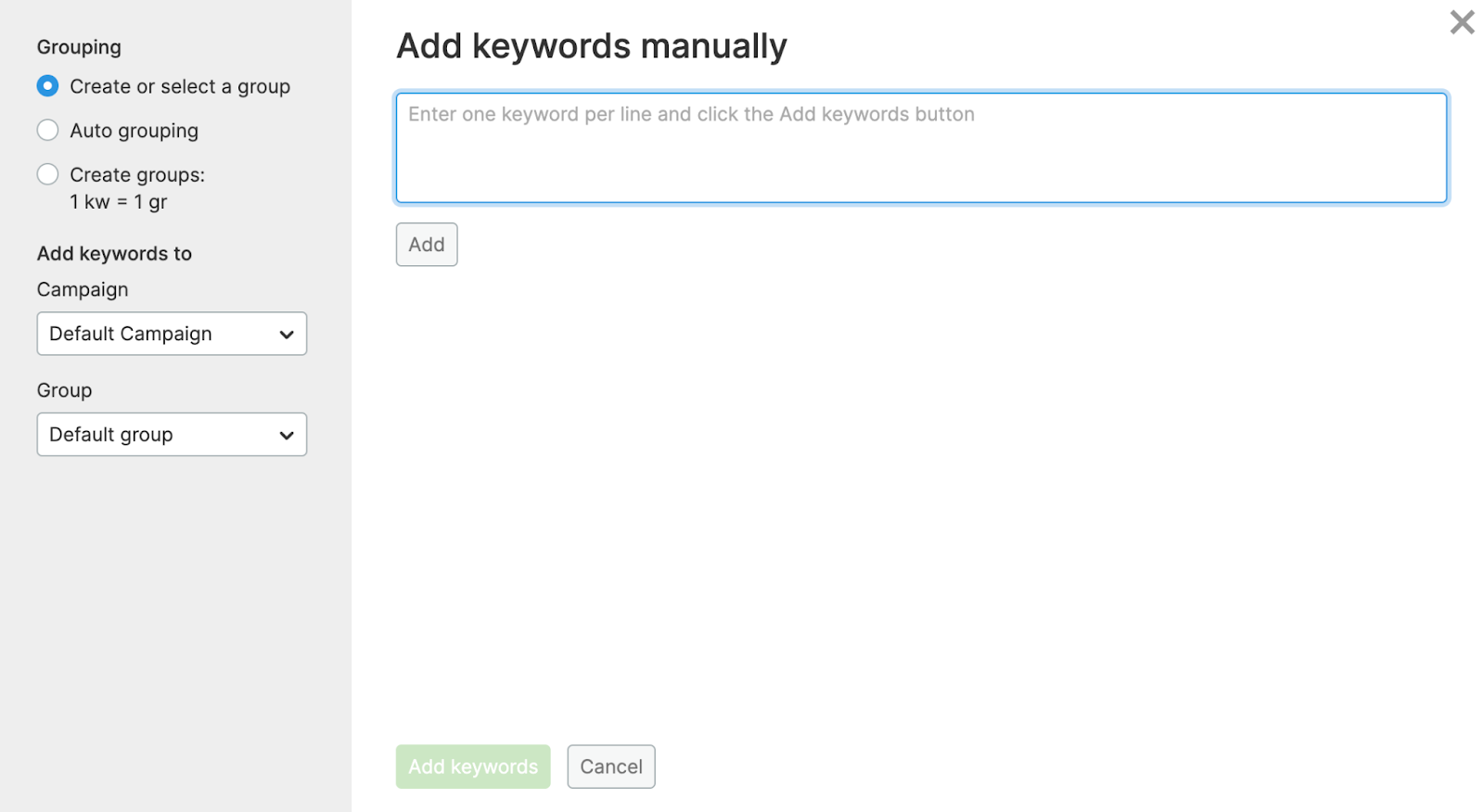 "Add keywords manually" window in PPC Keyword Tool