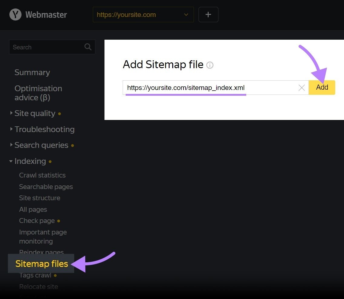 how to submit your sitemap to Yandex