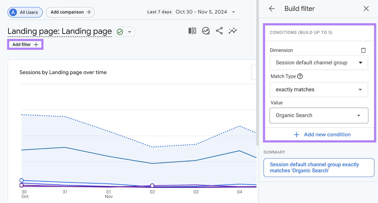 add filter button highlighted below the landing page heading with build filter options entered