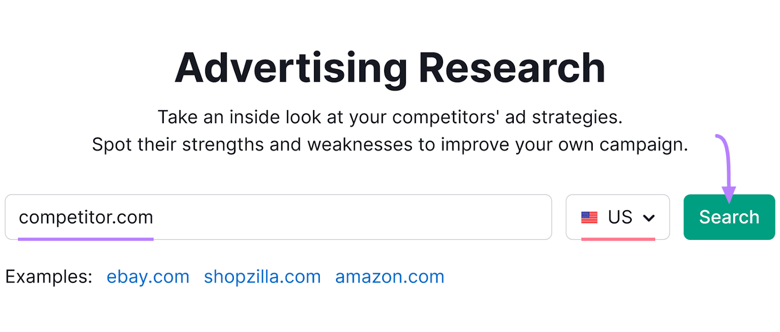 Advertising Research tool interface with a search bar, country selection dropdown, and a highlighted "Search" button.