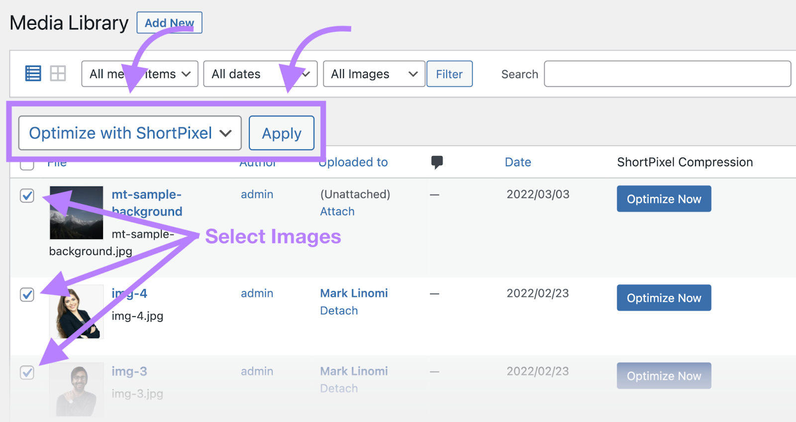 navigation to however  to optimize images successful  "Media Library"