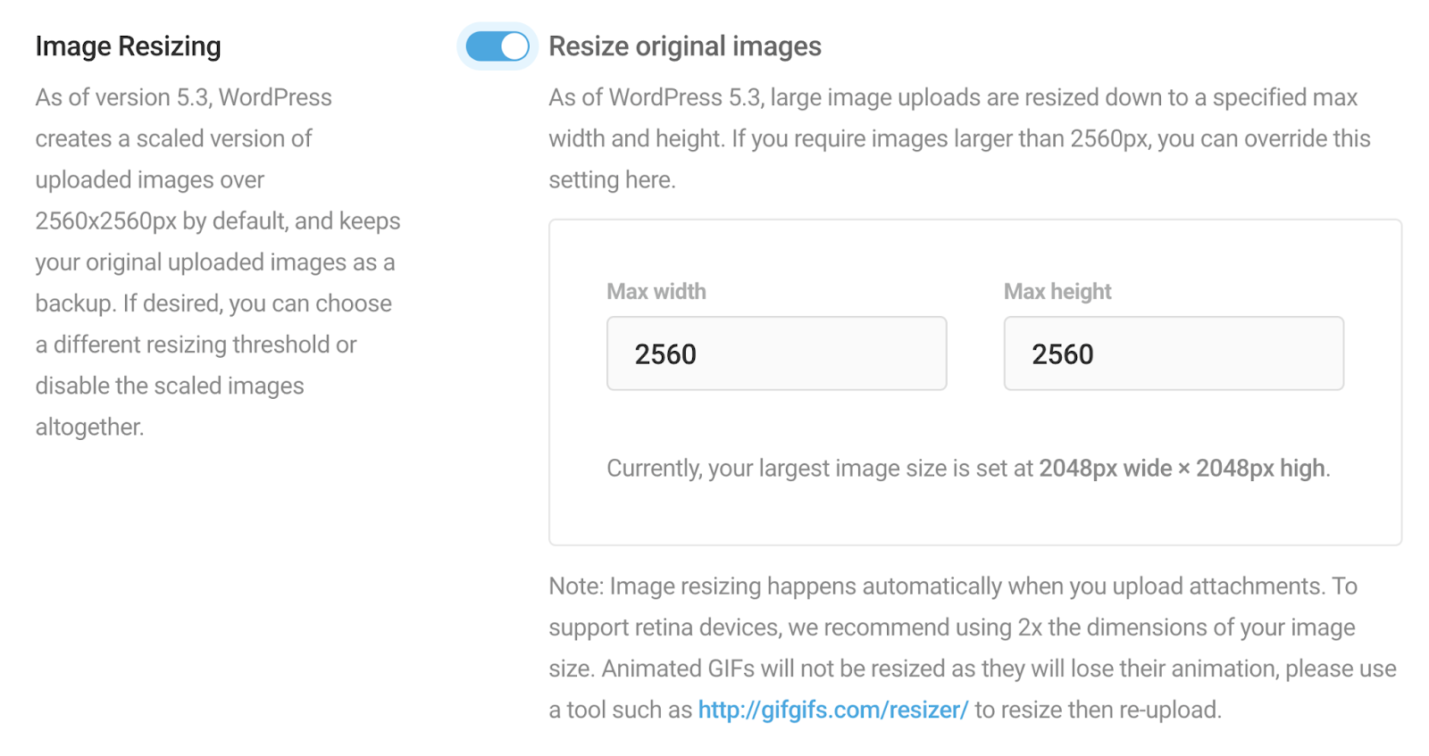 "Image Resizing" section in Smush