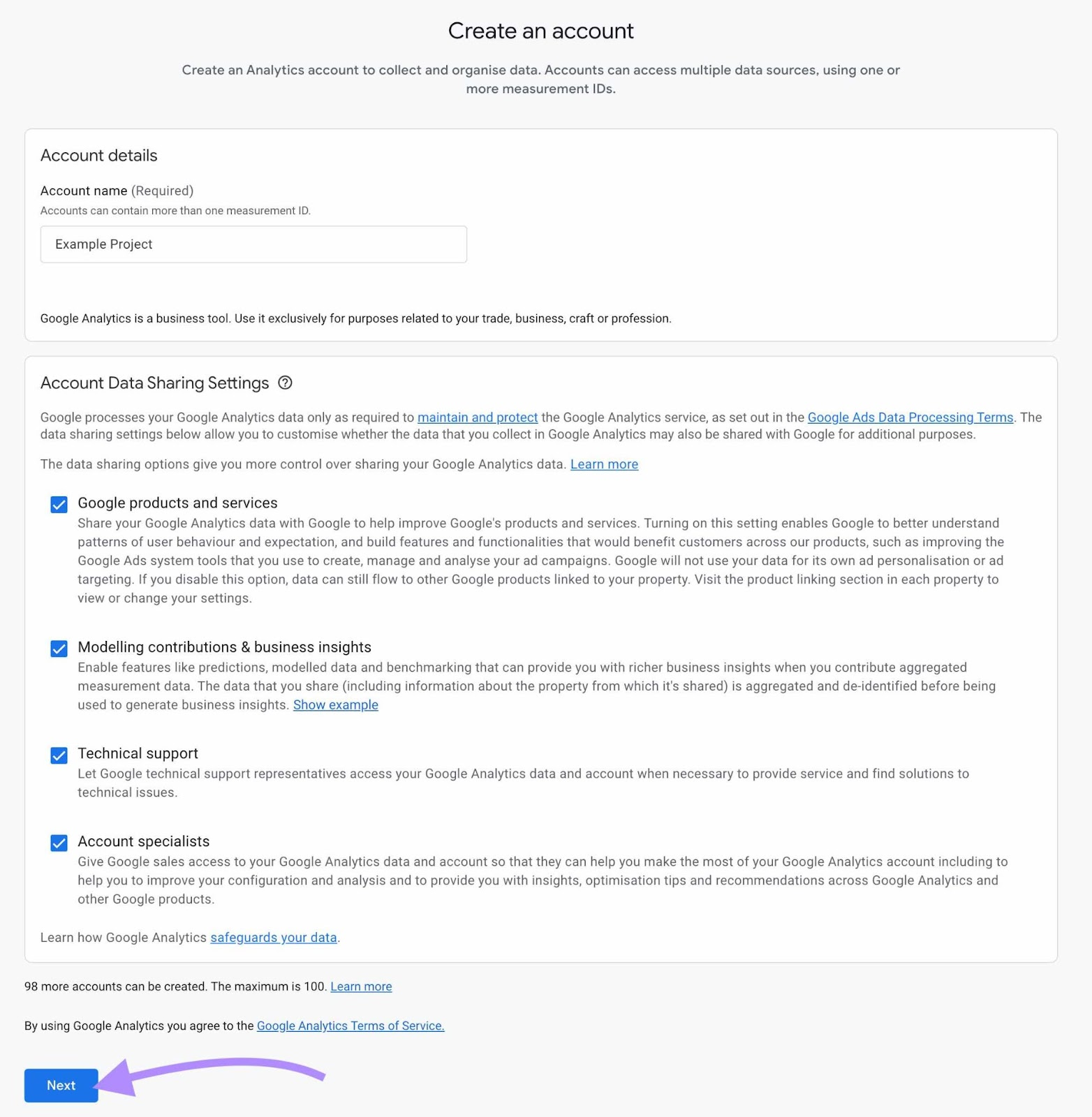 "Next" fastener highlighted astatine nan bottommost of "Create an account" step