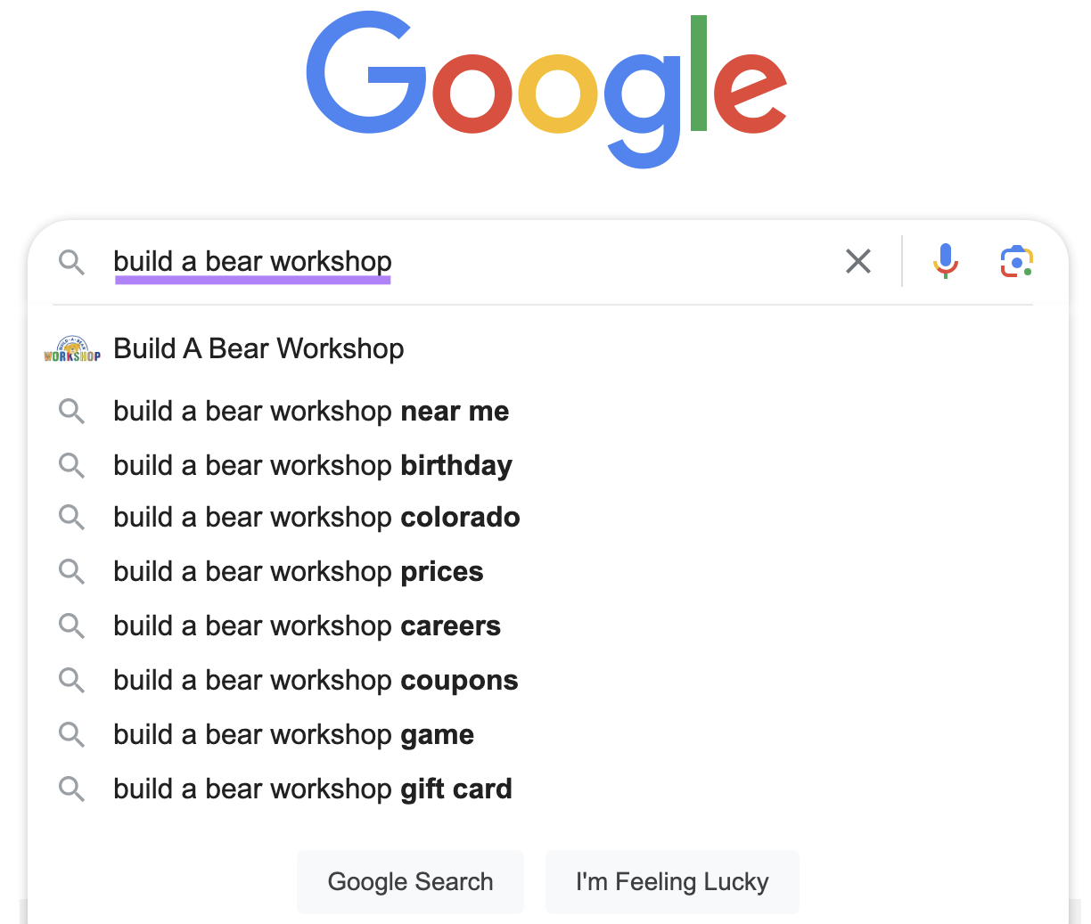 Google suggested searches when typing "build a bear workshop"
