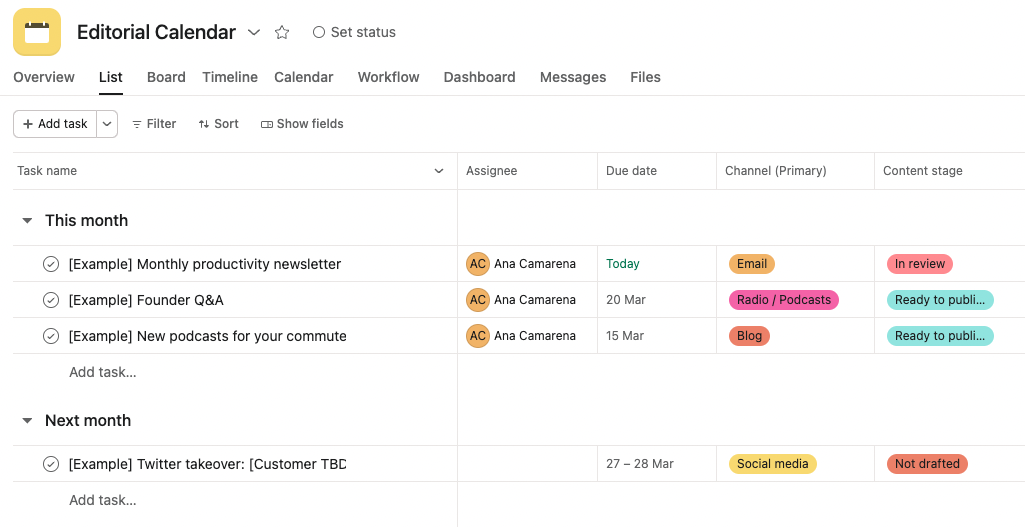 editorial calendar and projects managed in asana