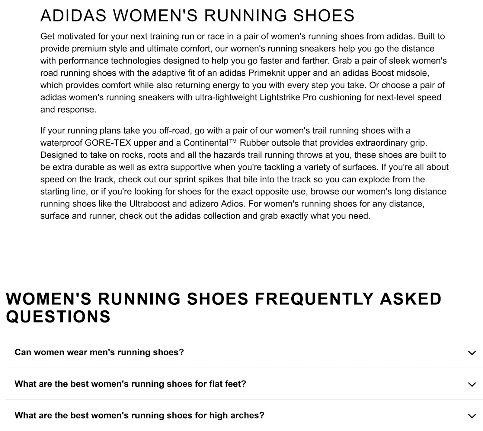 Section on Adidas Women's Running Shoes featuring product descriptions and FAQs