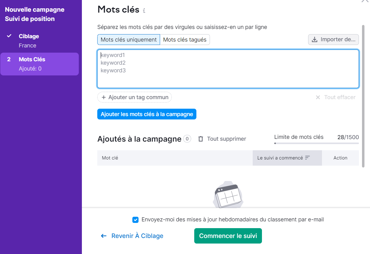 Saisir les mots clés à cibler dans Suivi de Position