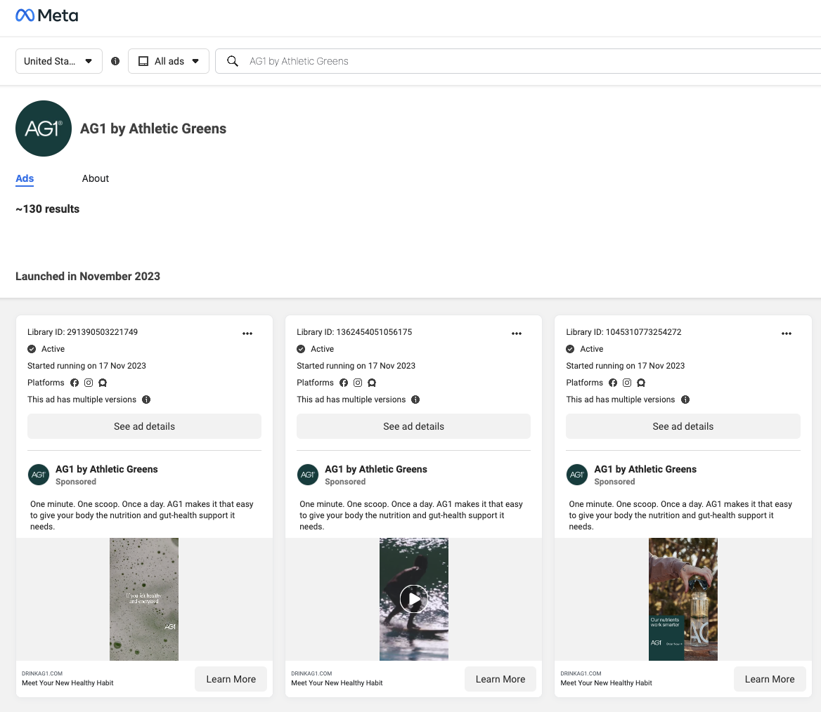 Meta’s Ad Library results for "AG1 by Athletic Greens"