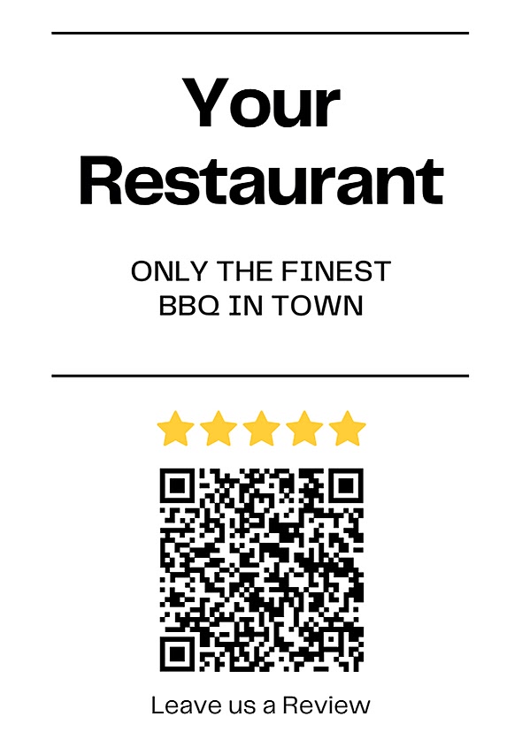 Código QR de un restaurante de barbacoa, animando a los clientes a dejar una opinión.