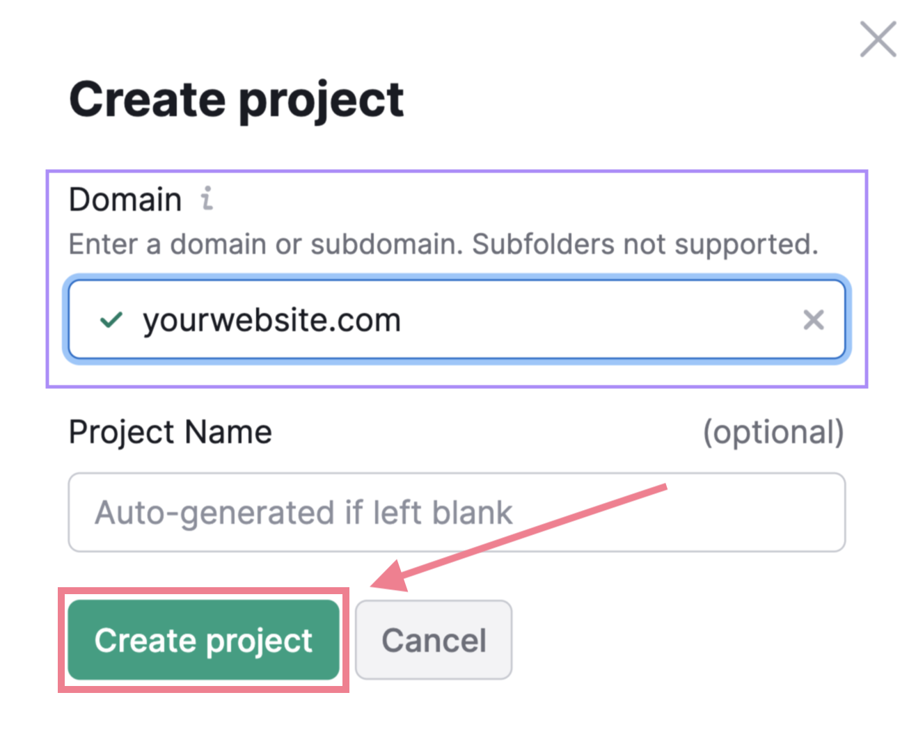 "yourwebsite.com" entered as an example domain in the "Create project" window in Site Audit