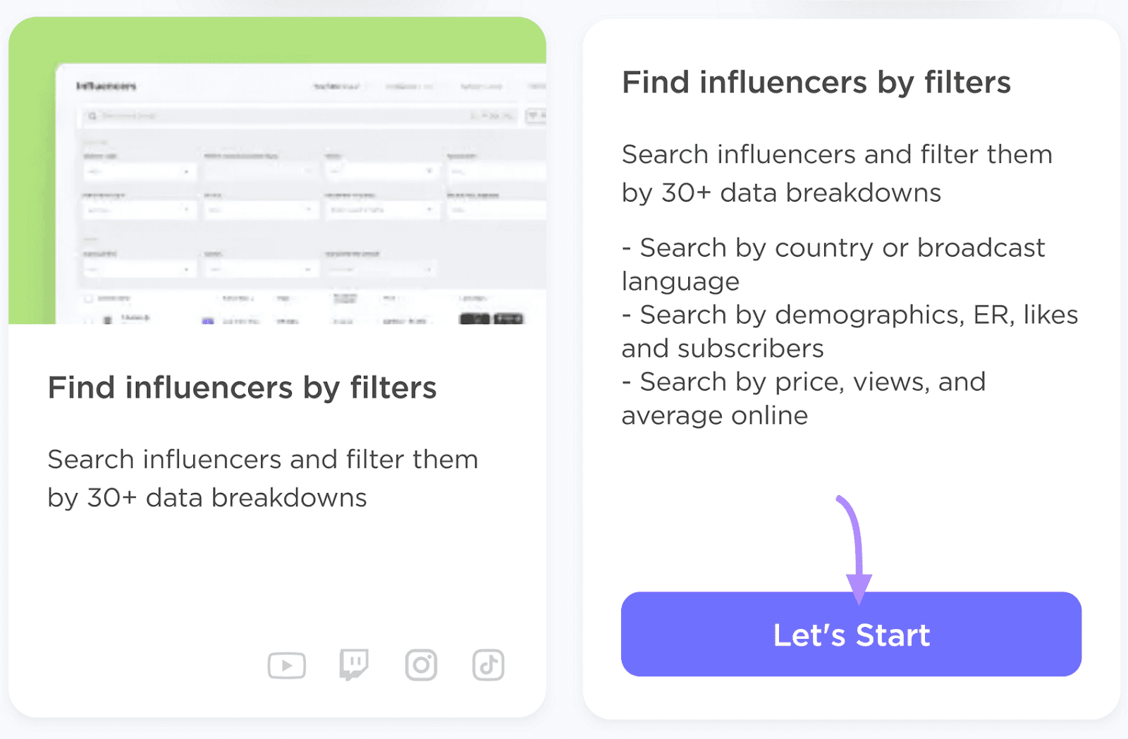 Two panels from the Influencer Analytics dashboard showing however  to find   influencers by filters, with a “Let’s Start” button.