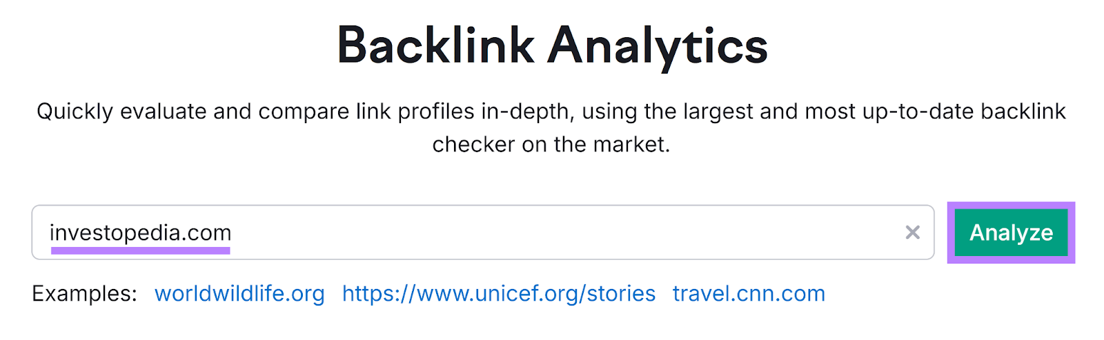 Backlink Analytics commencement  with domain entered and Analyze fastener  highlighted