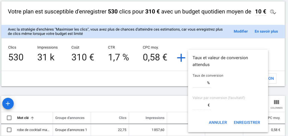 statistiques de conversion keyword planner