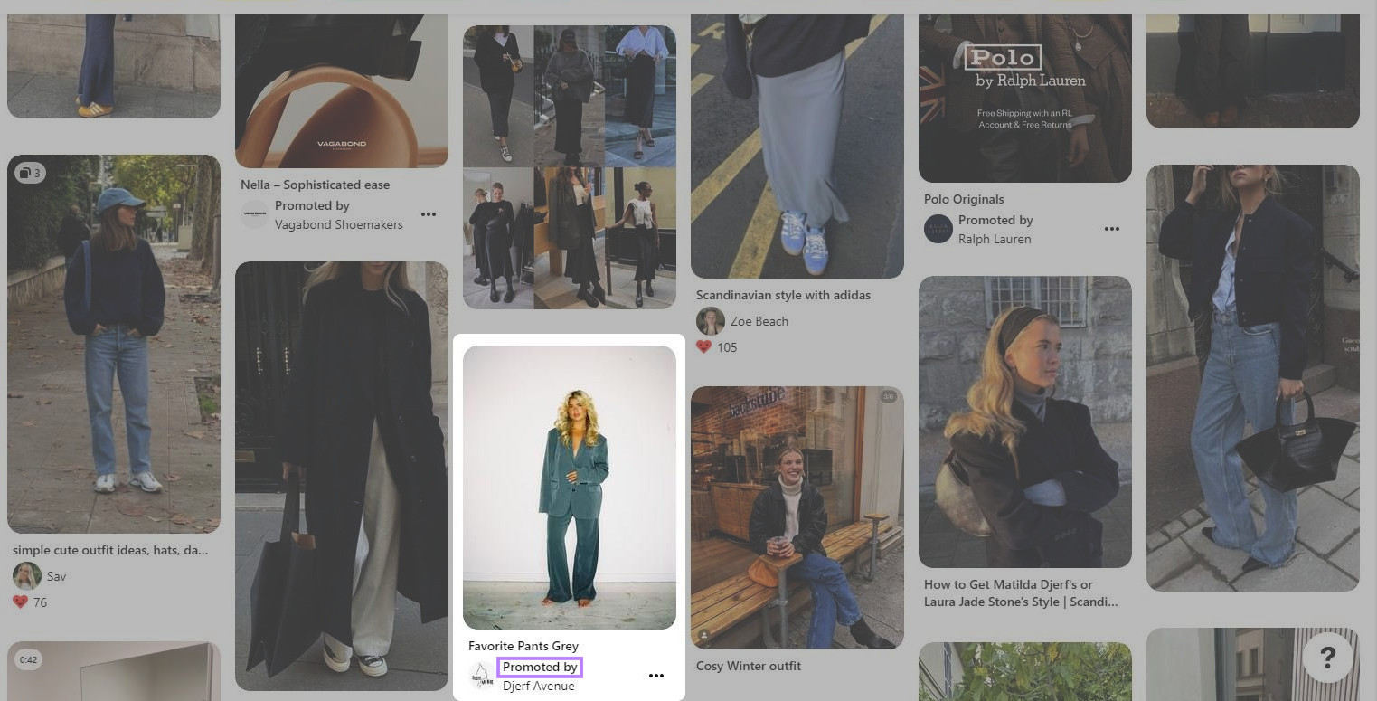 native ad for fashion brand Djerf Avenue on Pinterest, with "Promoted by" label highlighted