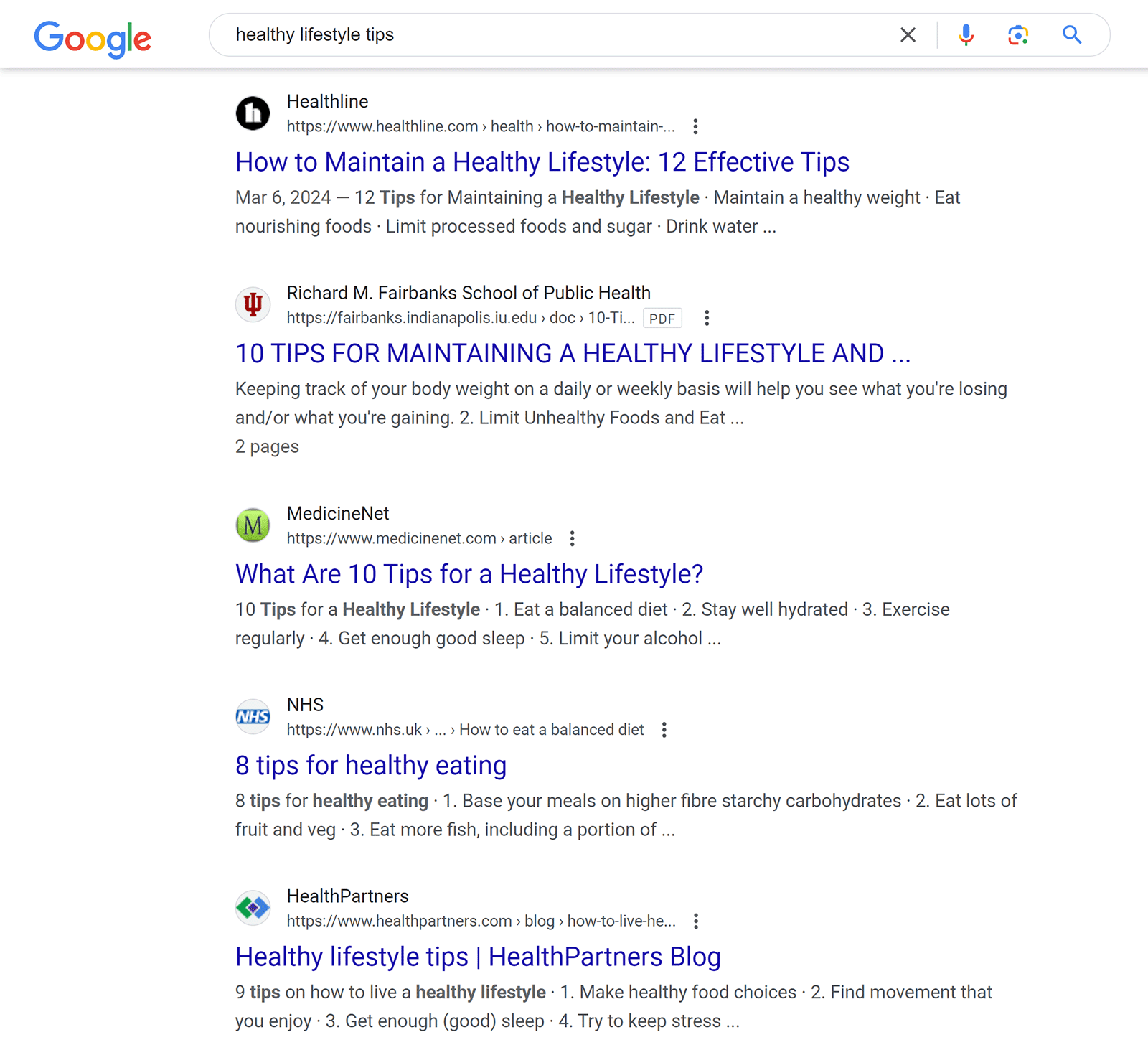 Google SERP for 'healthy manner  tips'