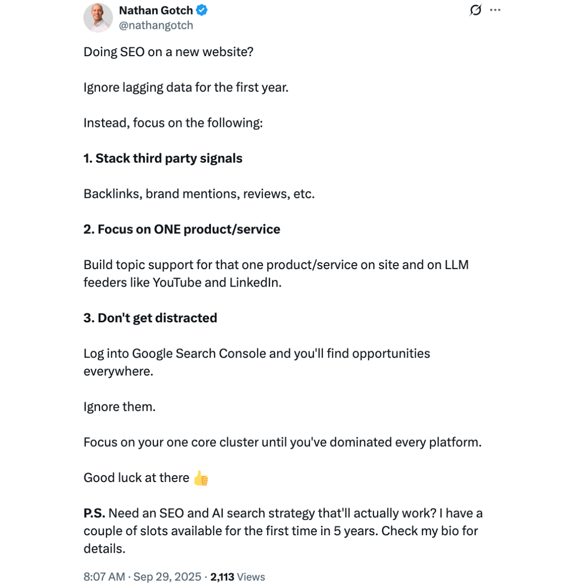 Nathan Gotch X post advising SEOs to focus on building authority around one product/service line first.